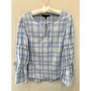 🆕 SANCTUARY | Plaid Blue White Keyhole Puff Long Sleeve Peasant Blouse | Small